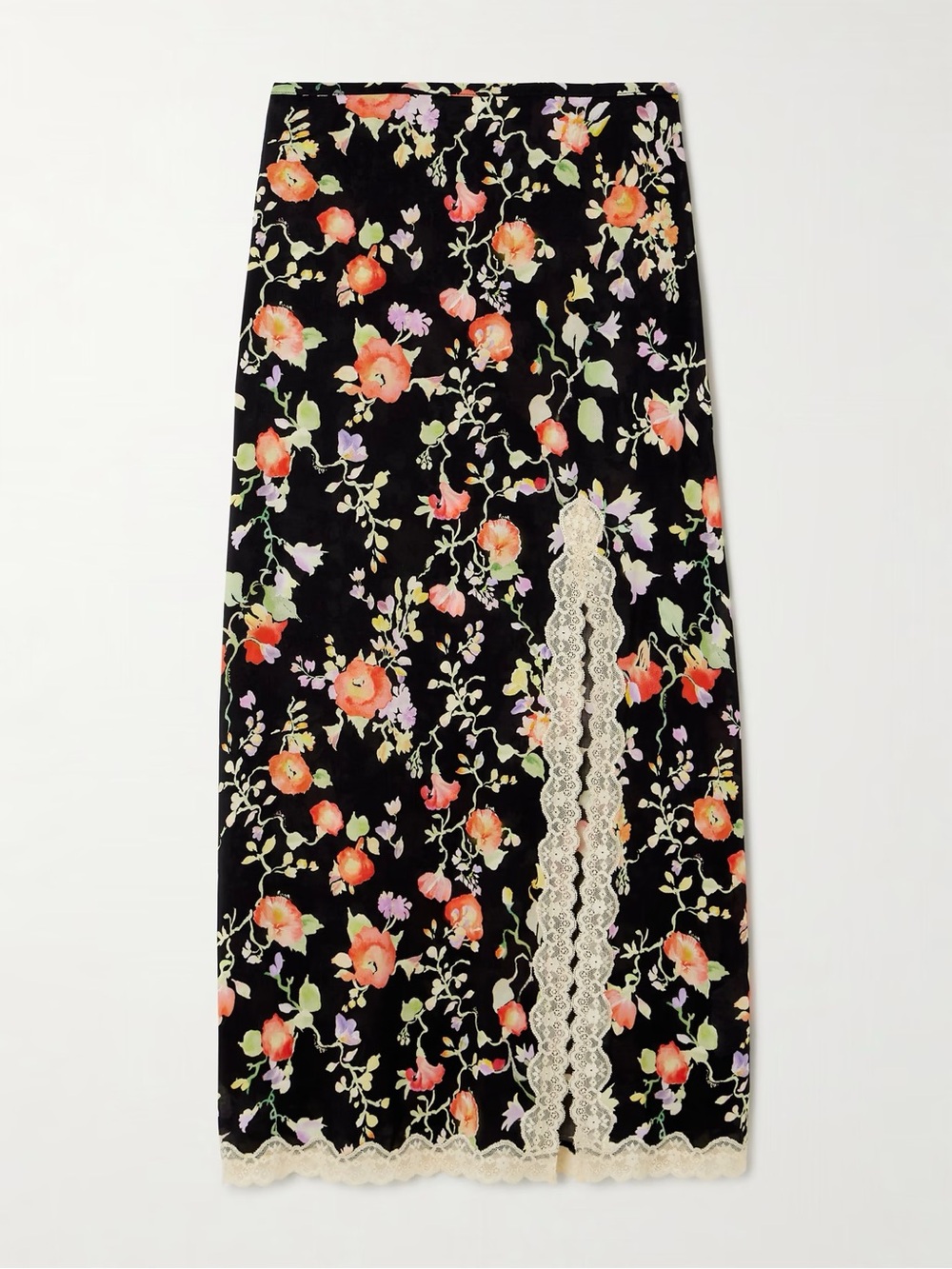RIXO
Sibilla lace-trimmed floral-print crepe midi skirt